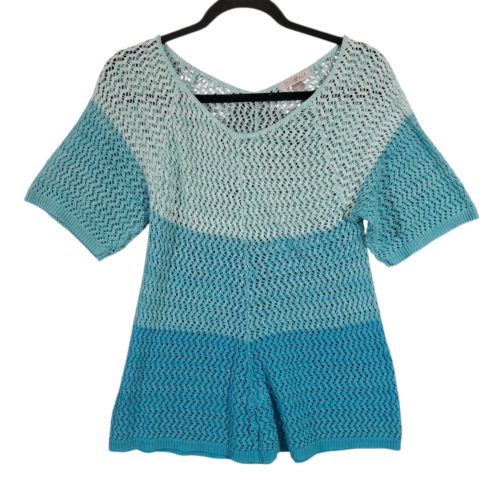 Vintage Roz & Ali Crochet Top Overlayer Size Medium Blue Open Knit USA Cover Up