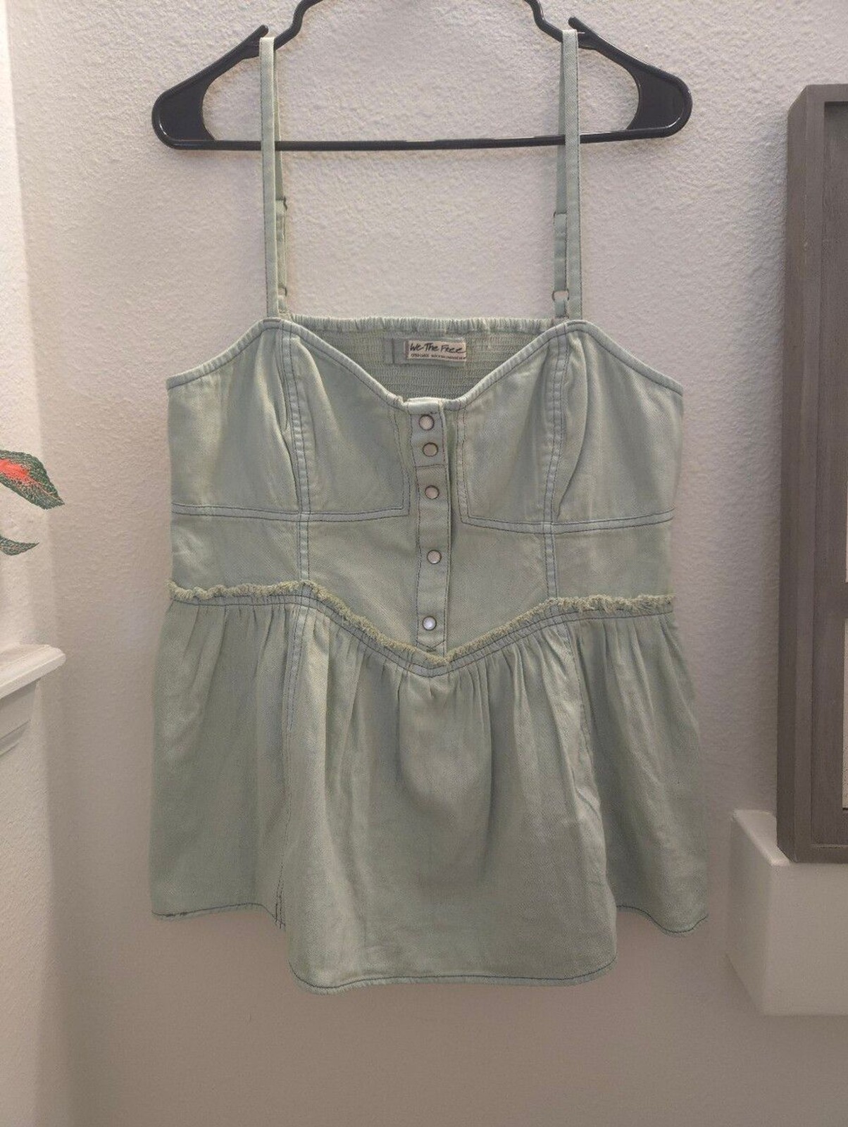 Free People Reworked Denim Babydoll Peplum Light Blue Jean Button-Front Top XL