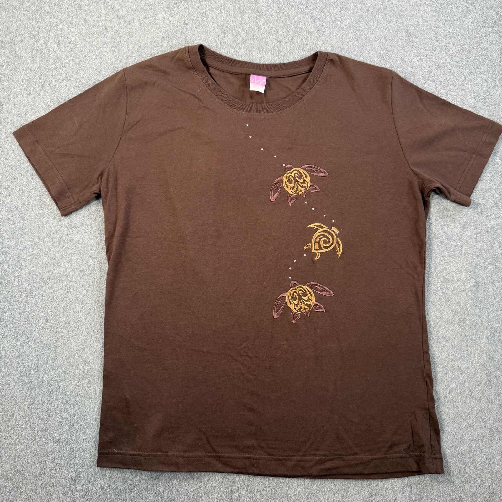 Sea Turtle Embroidered Rhinestone Crew Neck T-Shirt Women’s Large LAT Brown