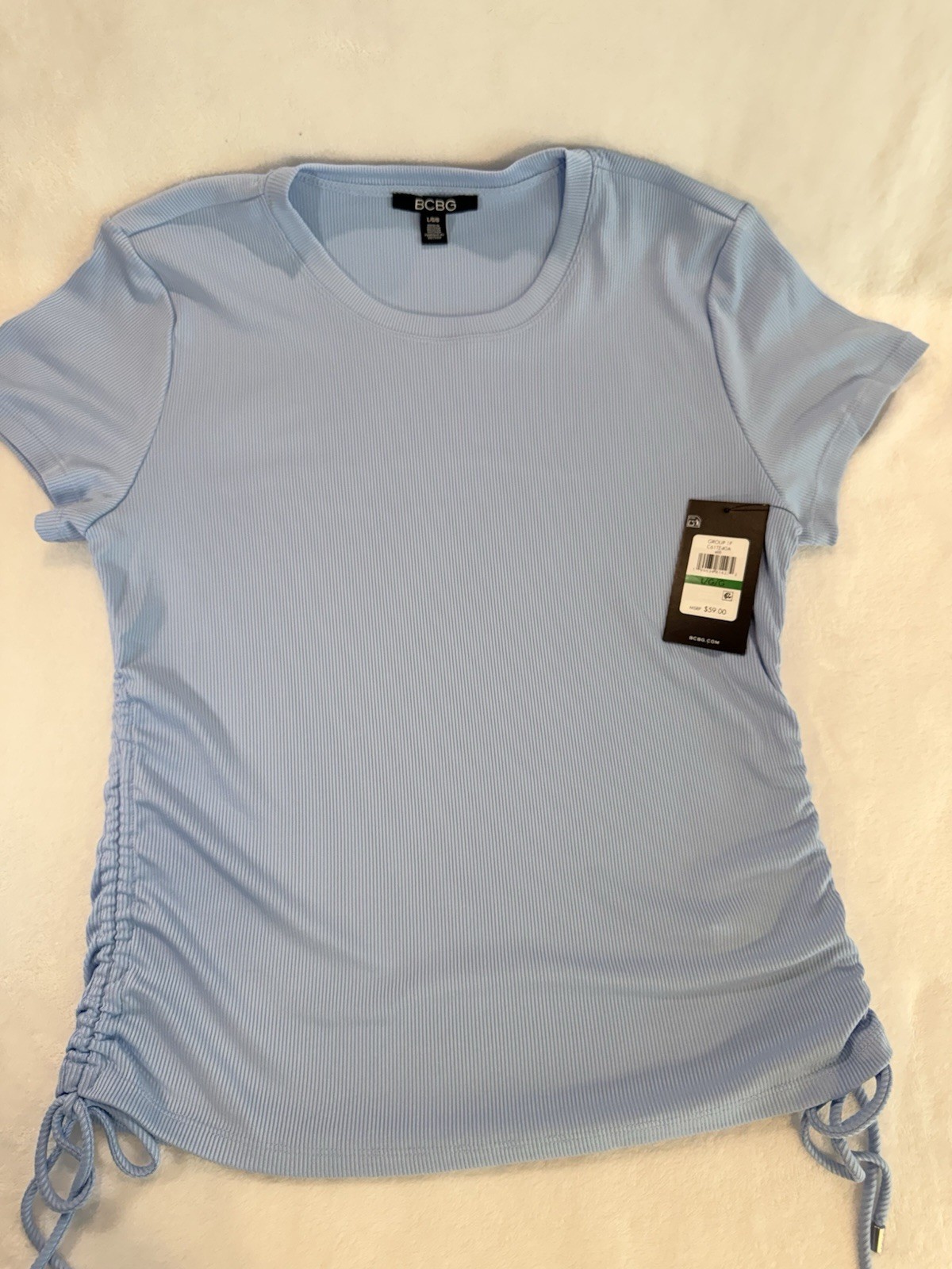 BCBG Women’s L Blue Solid Knit Stretch Ruched Drawstring SS Round Neck Tee