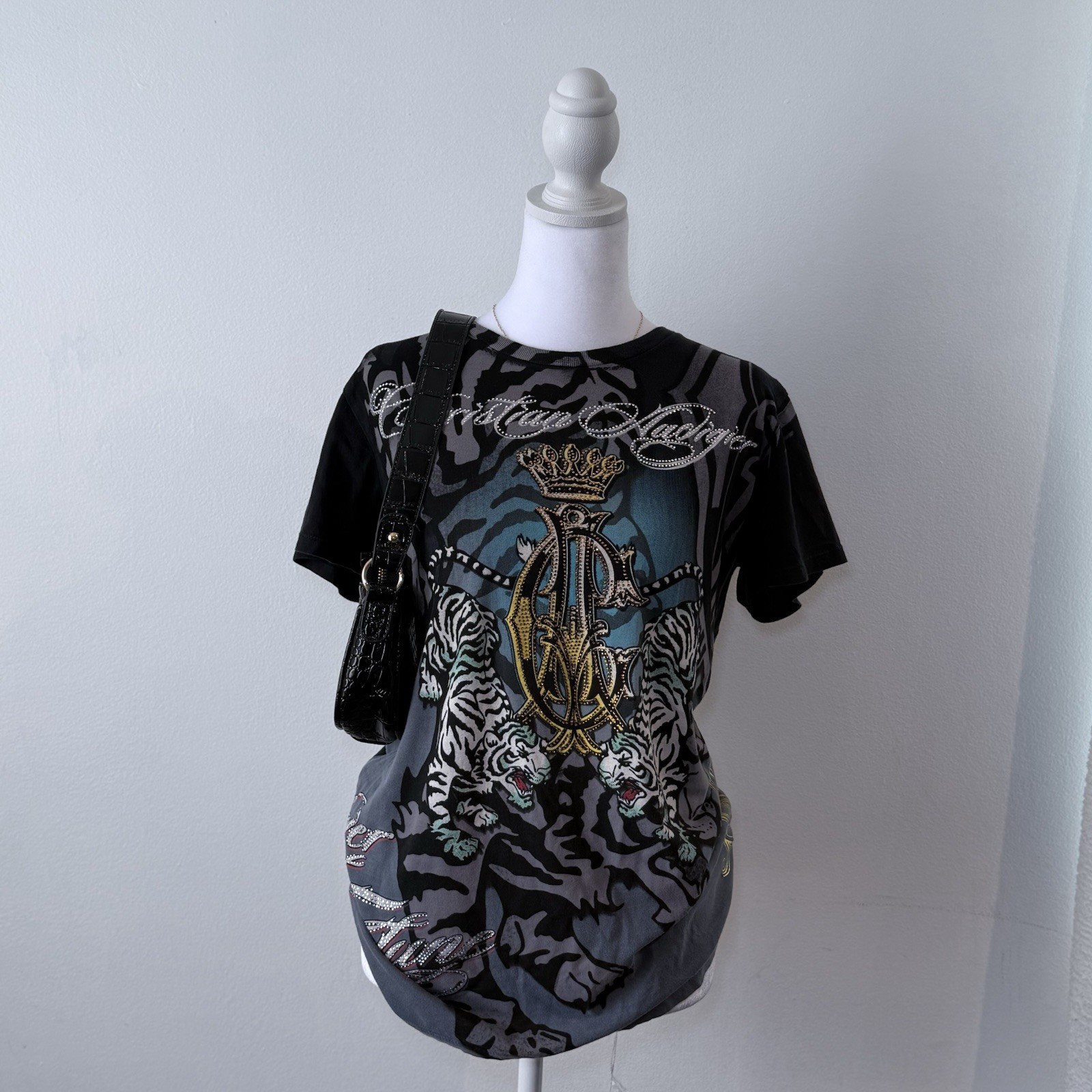 Christian Audigier Los Angeles women’s Tiger Rhinestone Logo Tee L Black/Gray