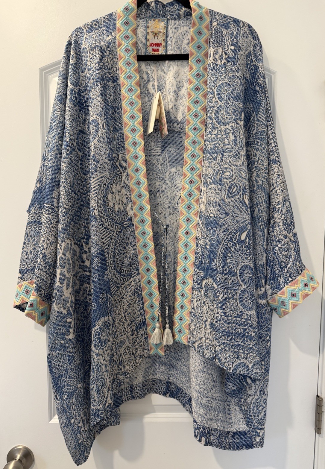 NWT Johnny Was Dolce Kimono 3D Denim Print Embroidered Pockets Blue XL New $318