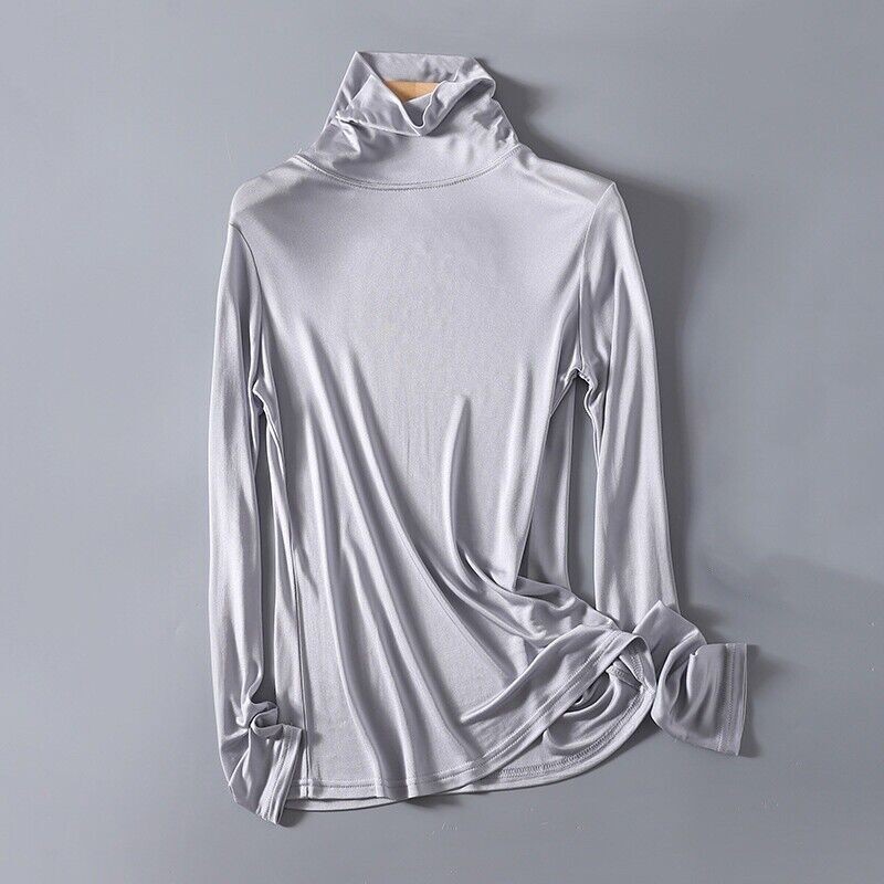Women Mulberry Silk Shirts Turtle Neck Long Sleeve Thermal Shirt Base Layer Top