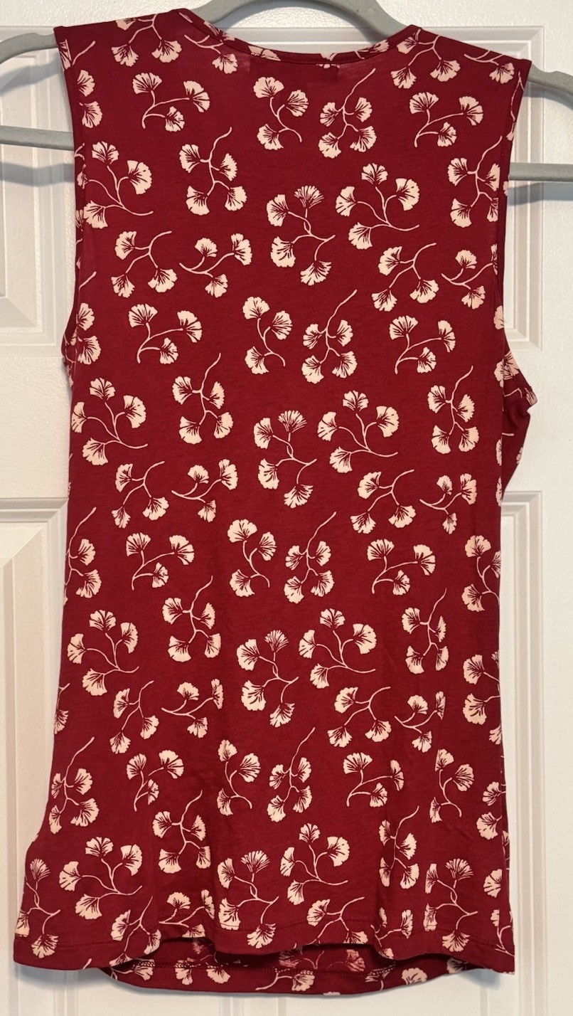 Lauren Ralph Lauren Scarlet Red White Ginkgo Leaf Ruffle Sleeveless Top Small