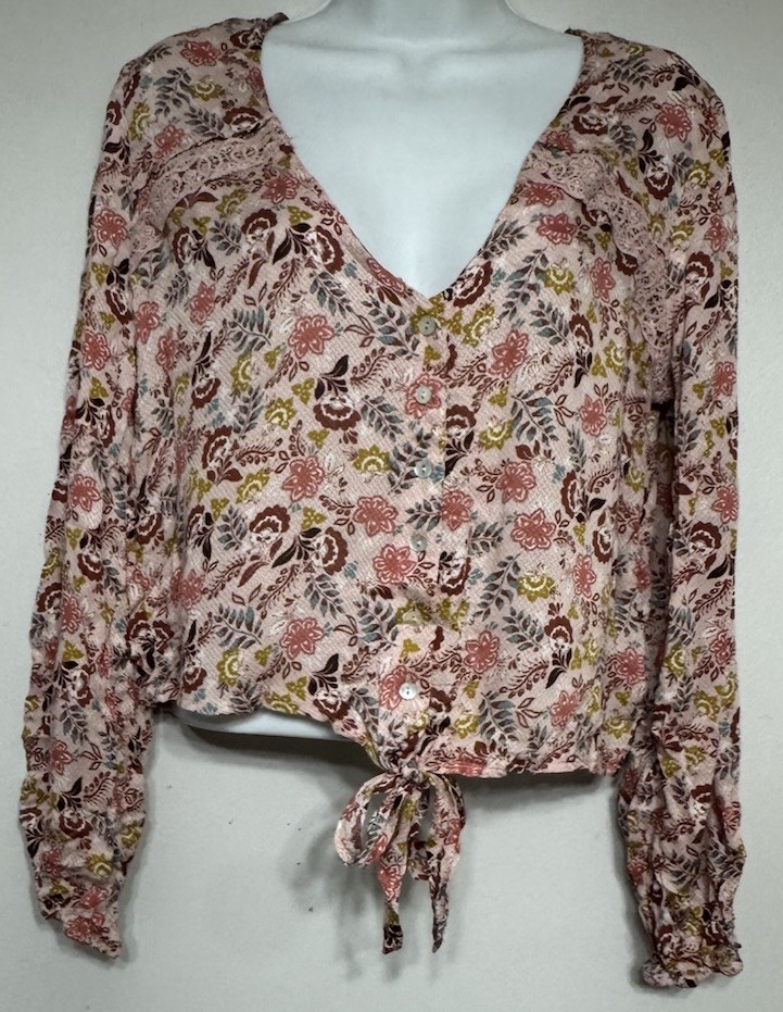 Belle Du Jour Blouse Women’s Medium Floral Tie Waist Adjustable Cropped NEW
