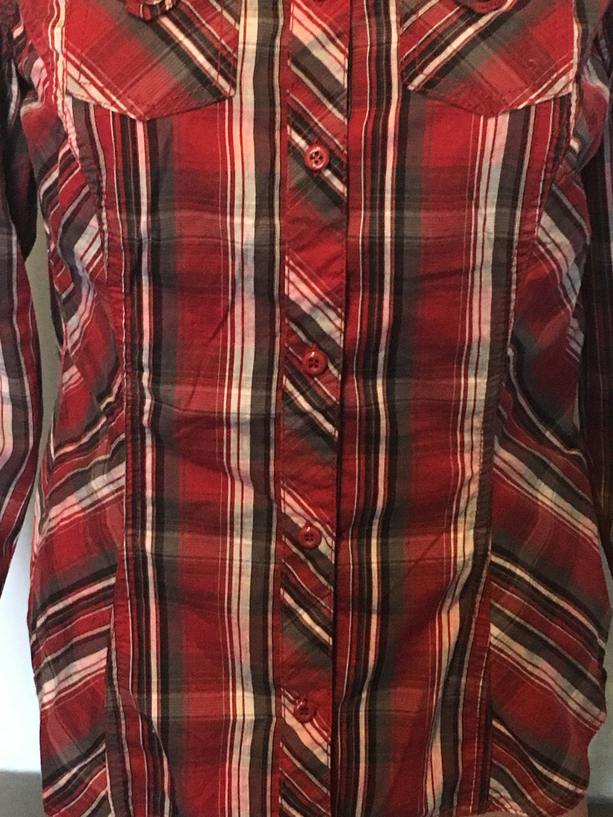 Cecil Blouse Womens S Red Gray Plaid Long Sleeve Button Up Western Shirt Top