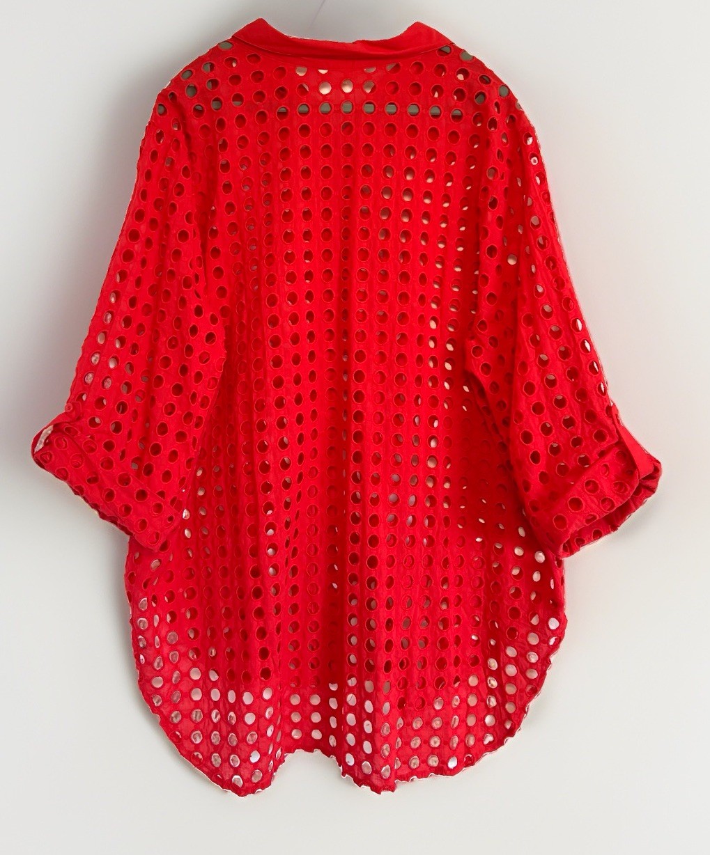 ADIVA Watermelon Openwork Eyelet Blouse Sz: 3X Button Up 3/4 Roll-Tab Sleeves