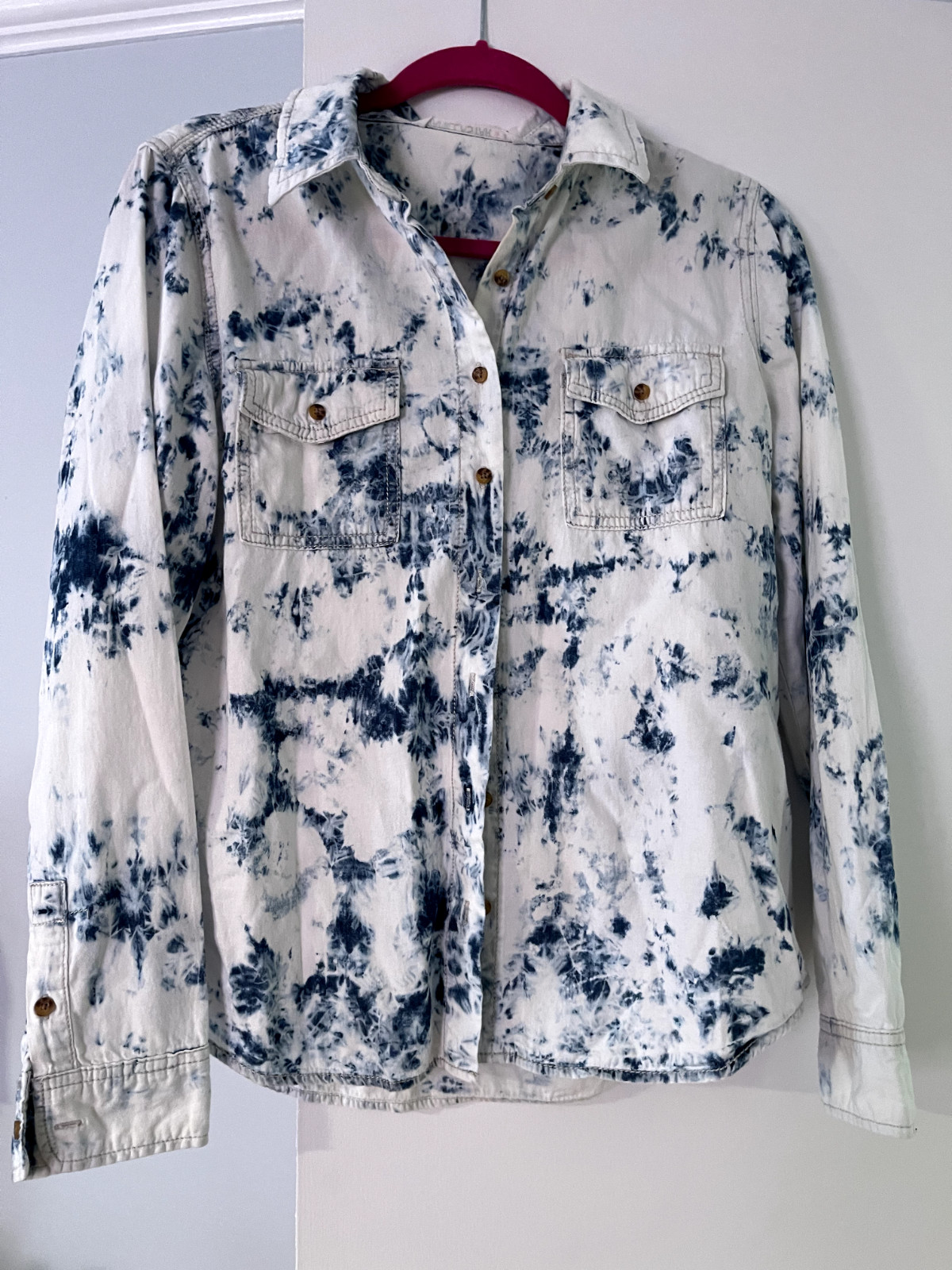 Women’s Vanilla Star Tie Dye BLUE DEMIN LOOK COTTON Button Up Shirt SZ 8