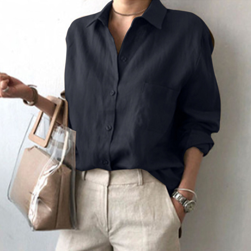 Womens Summer Shirts Casual Collared Long Sleeve Linen Cotton Button Blouse Tops