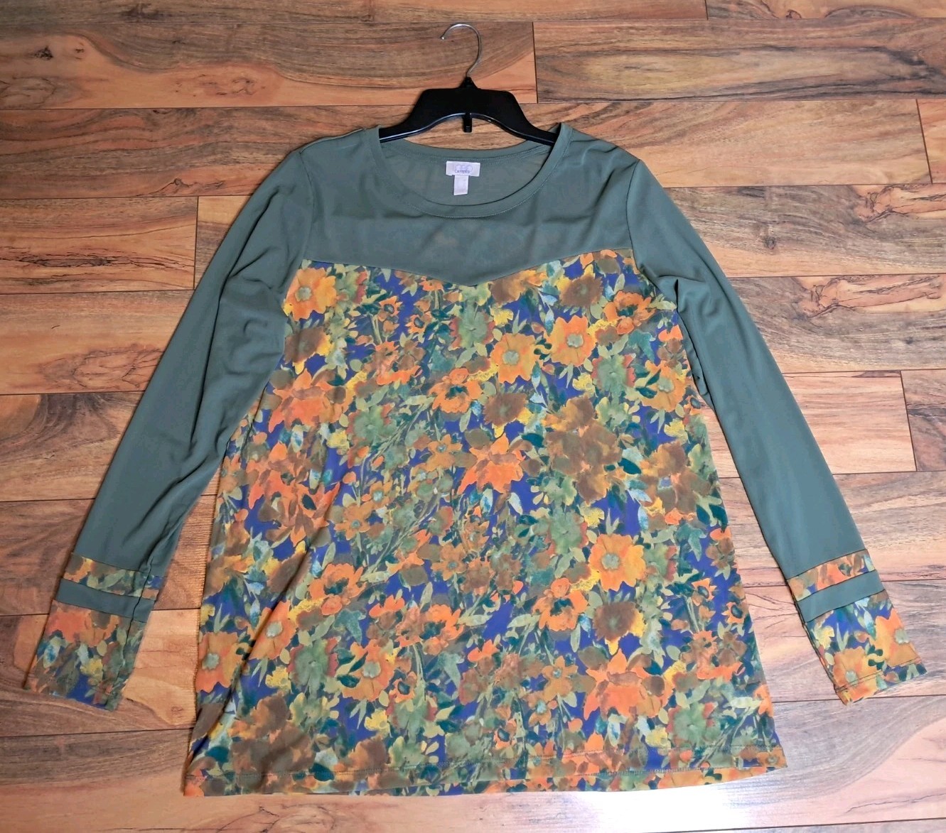 LOGO Layers Lori Goldstein Womens Sheer Mesh Top Size L Green Floral Stretch