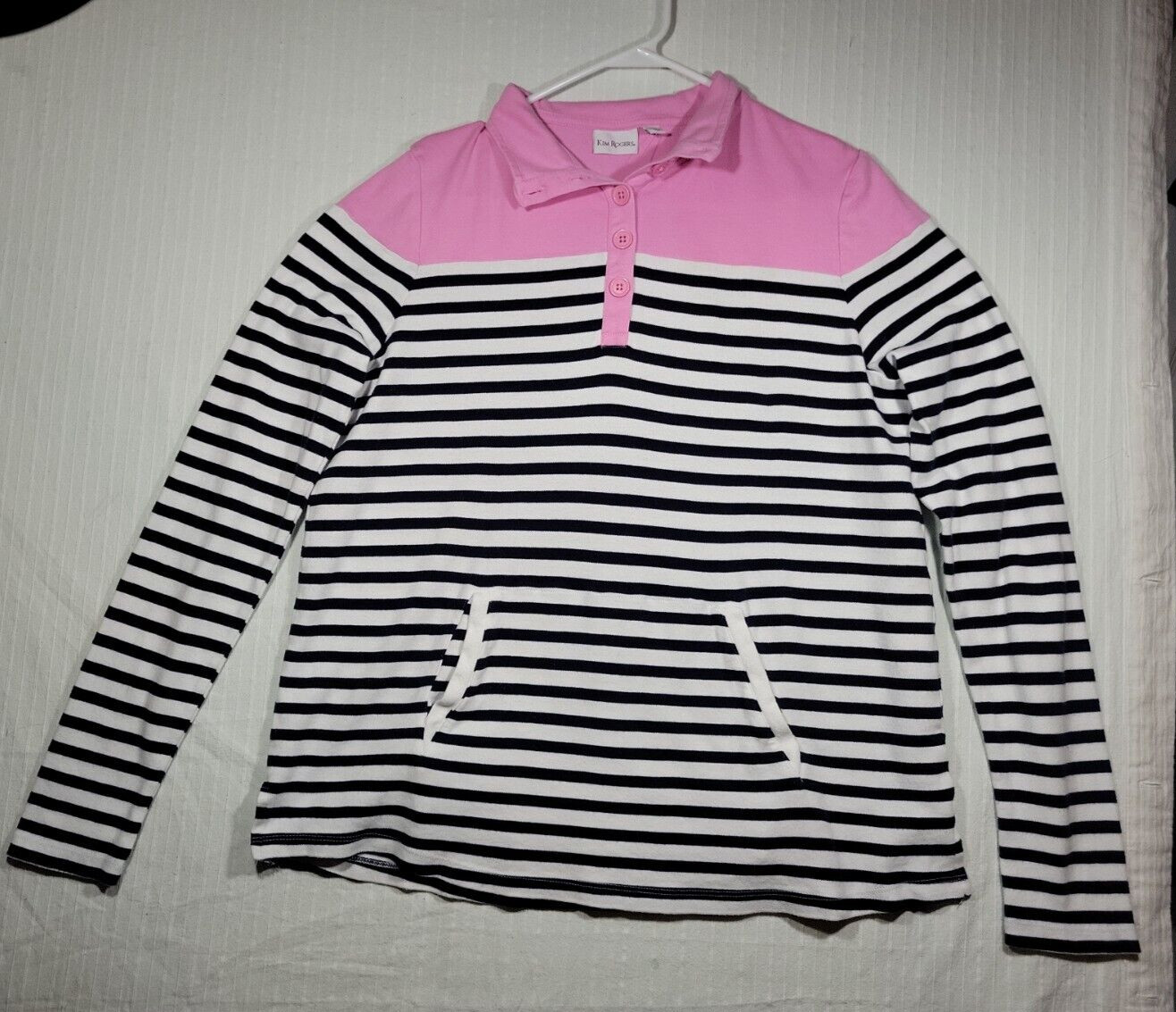 Kim Rogers Black White and Pink Striped Womens Top Size L