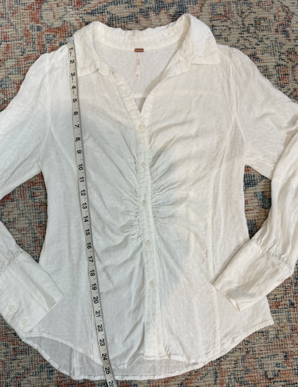 Free People Artsy Ruched Button Front Blouse White Boho Peasant Top Medium
