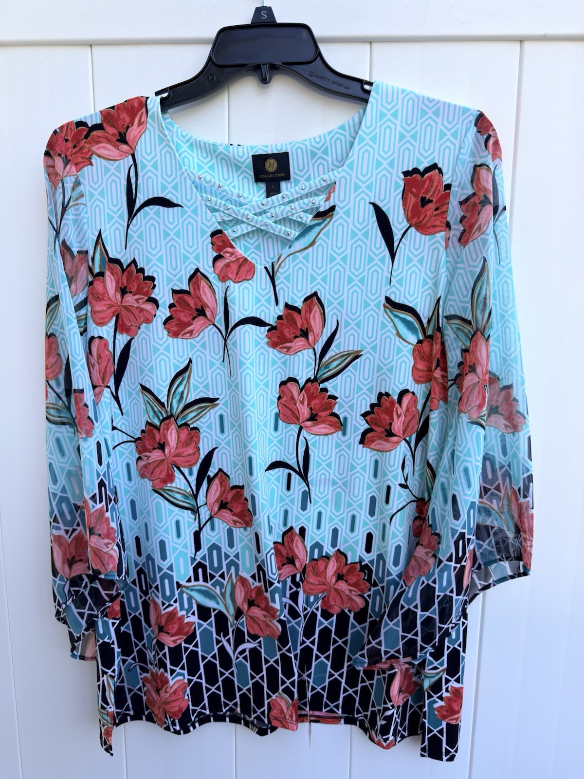 NWT JM Collection Macy’s 3/4 Sheer Angel Sleeves Aqua Floral Blouse