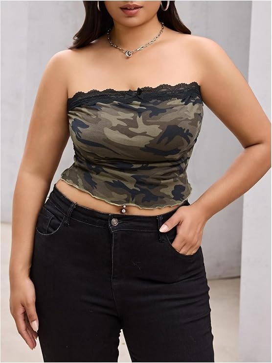 Women’s Camo Print Lace Trim Tube Top Strapless Sleeveless Ruched Bandeau 2XL