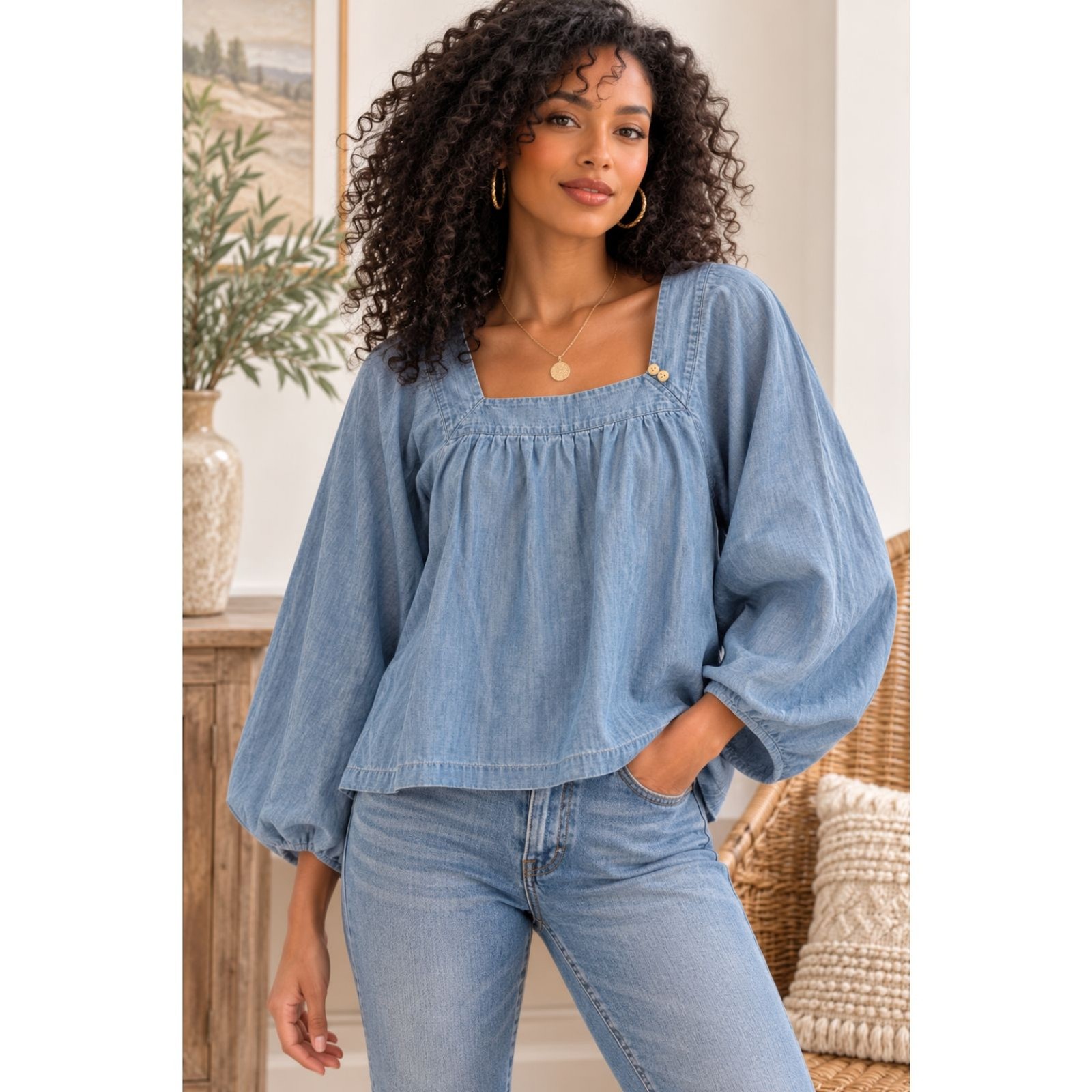 Madewell Light Wash Chambray Cotton Linen Square Neck Bell Sleeve Blouse Top