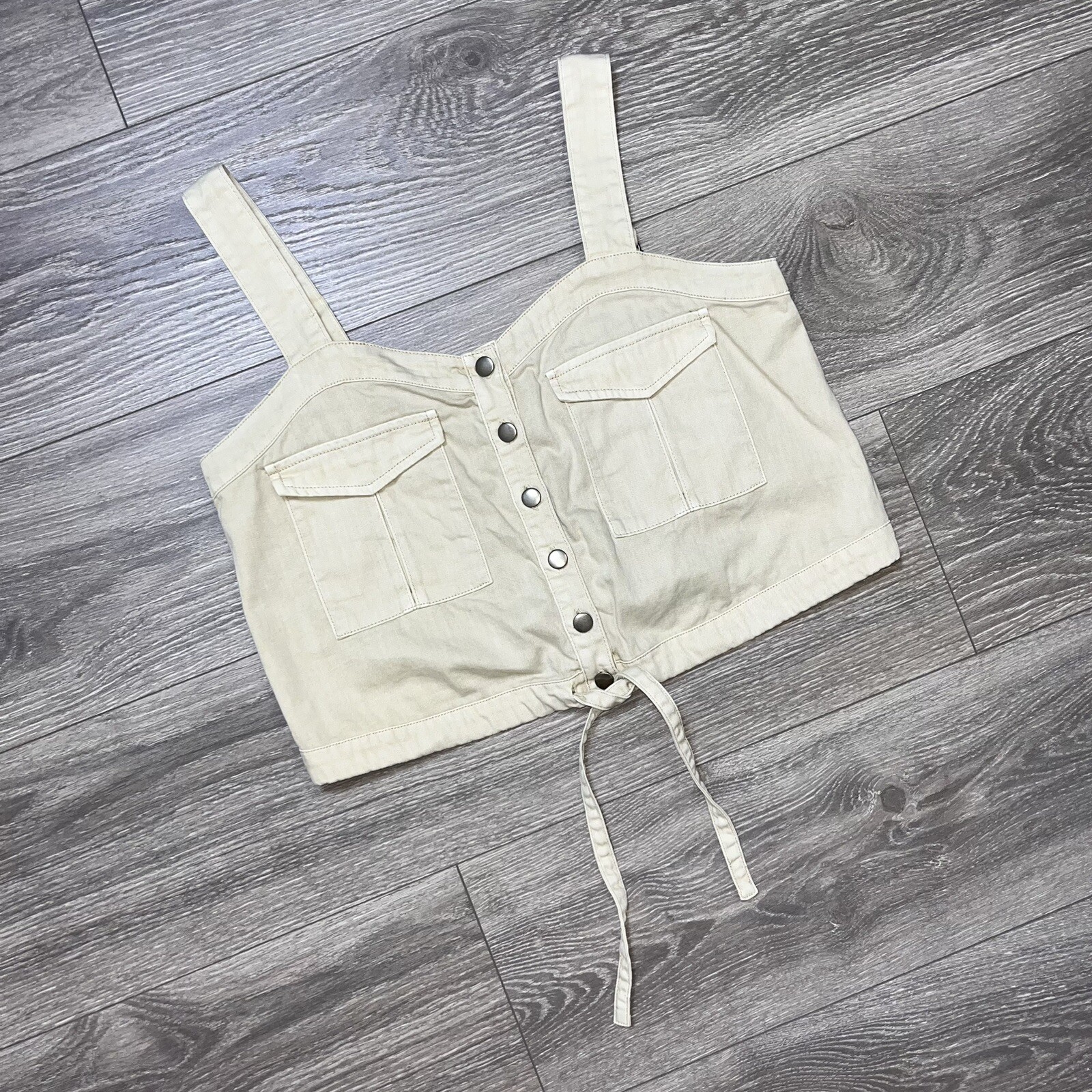 Free People Palm Desert Solid Canvas Beige Adjustable Crop Top Cargo Boho y2k S