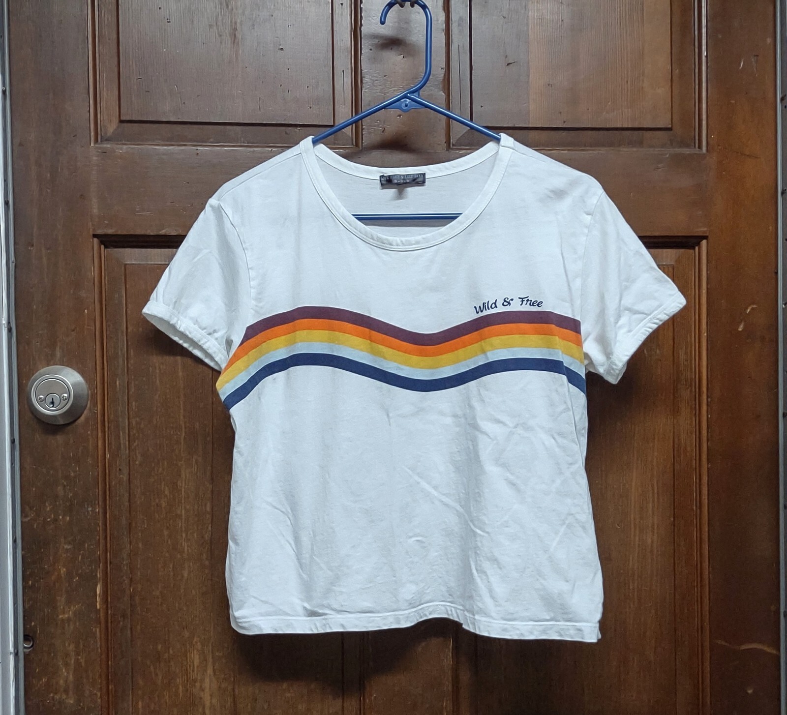 Love Peace & Lazy Days Cropped T-Shirt “Wild & Free” White Striped Size XL