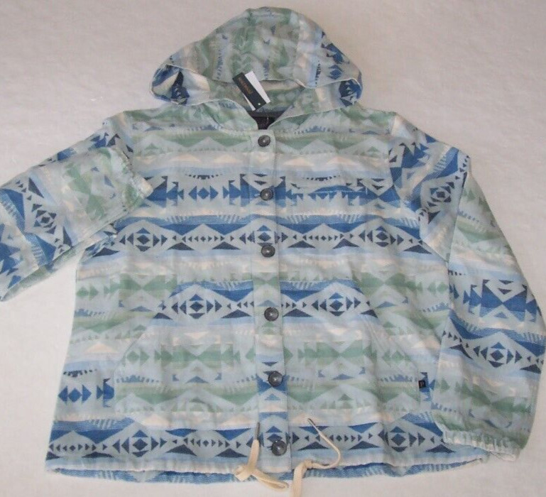 NWT Pendleton AQUA BLUE AZTEC Double Soft Button-Front Hoodie Shirt Women’s M