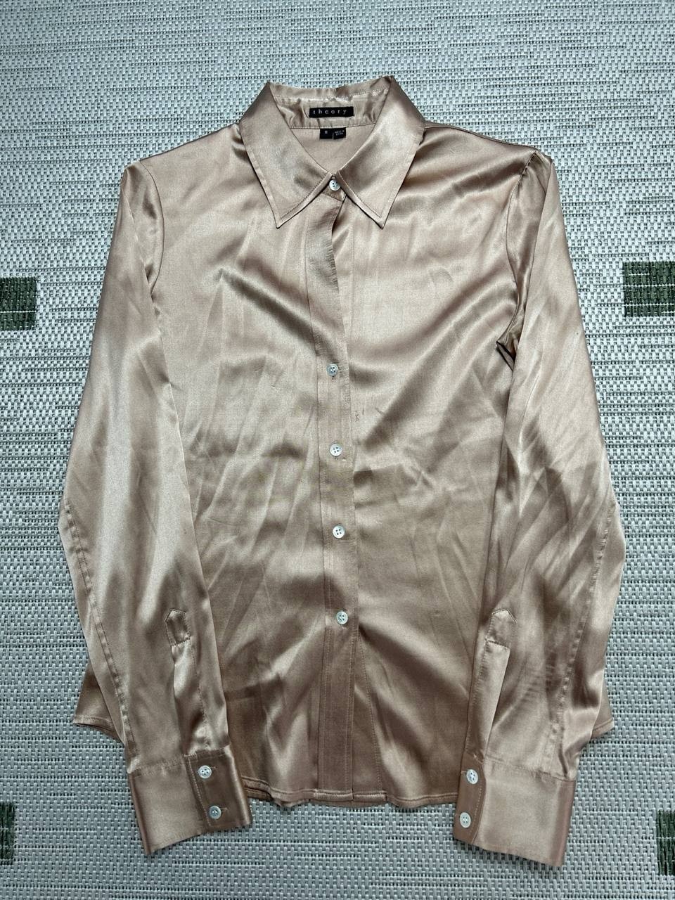 Theory Shirt Womens Small Brown Silk Blend Satin Button Up *