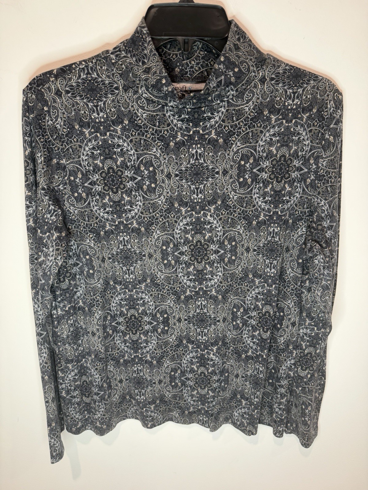 Croft & Barrow Women XL Paisley Mock Neck Top Black Boho Western 100% Cotton