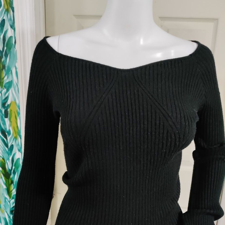 And Now This Womens Black Ribbed Long Sleeve Knit Top L