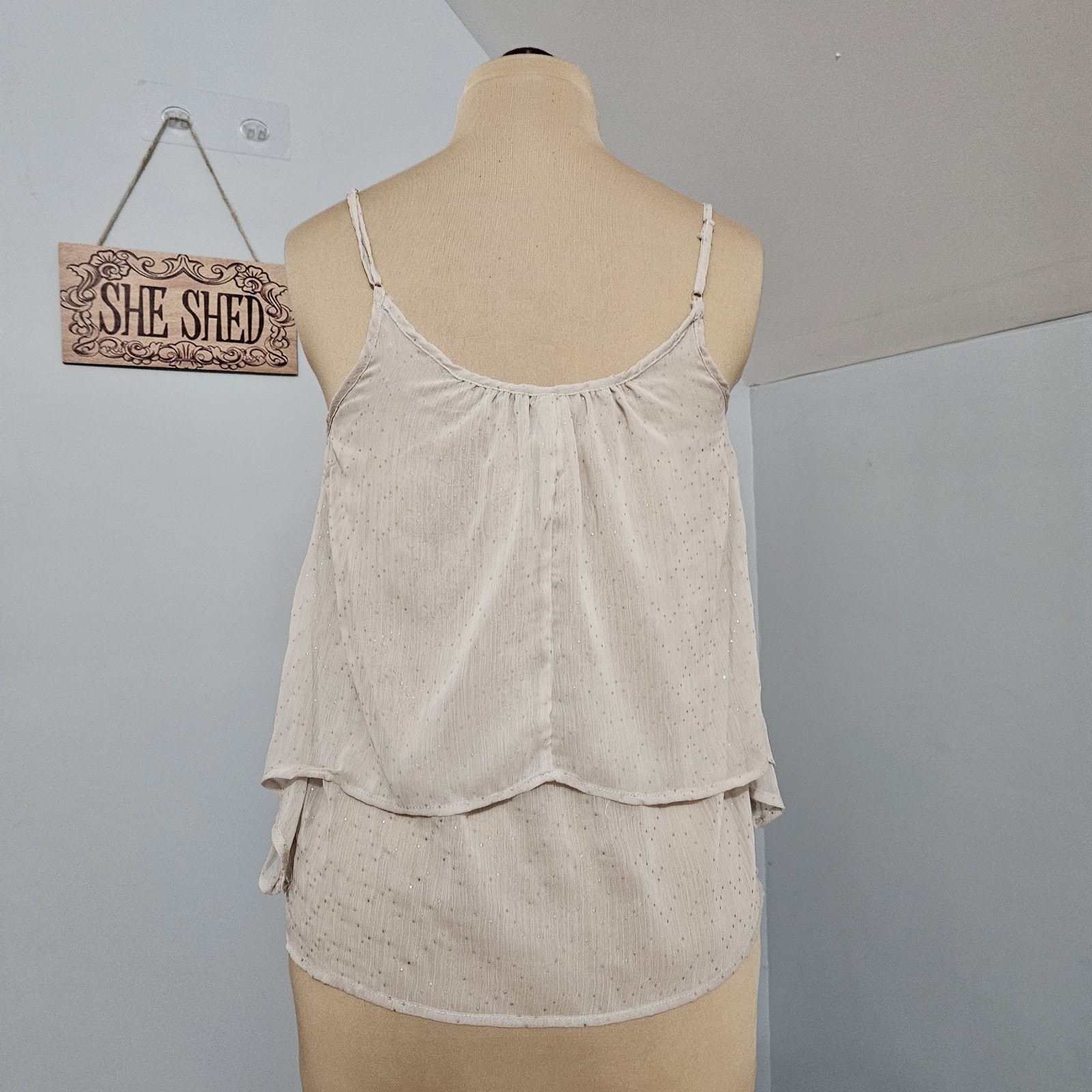 Xhilaration Tank Top Cream Gold Polka Dot Sheer Tiered Layer Fairy Y2K Flouncy