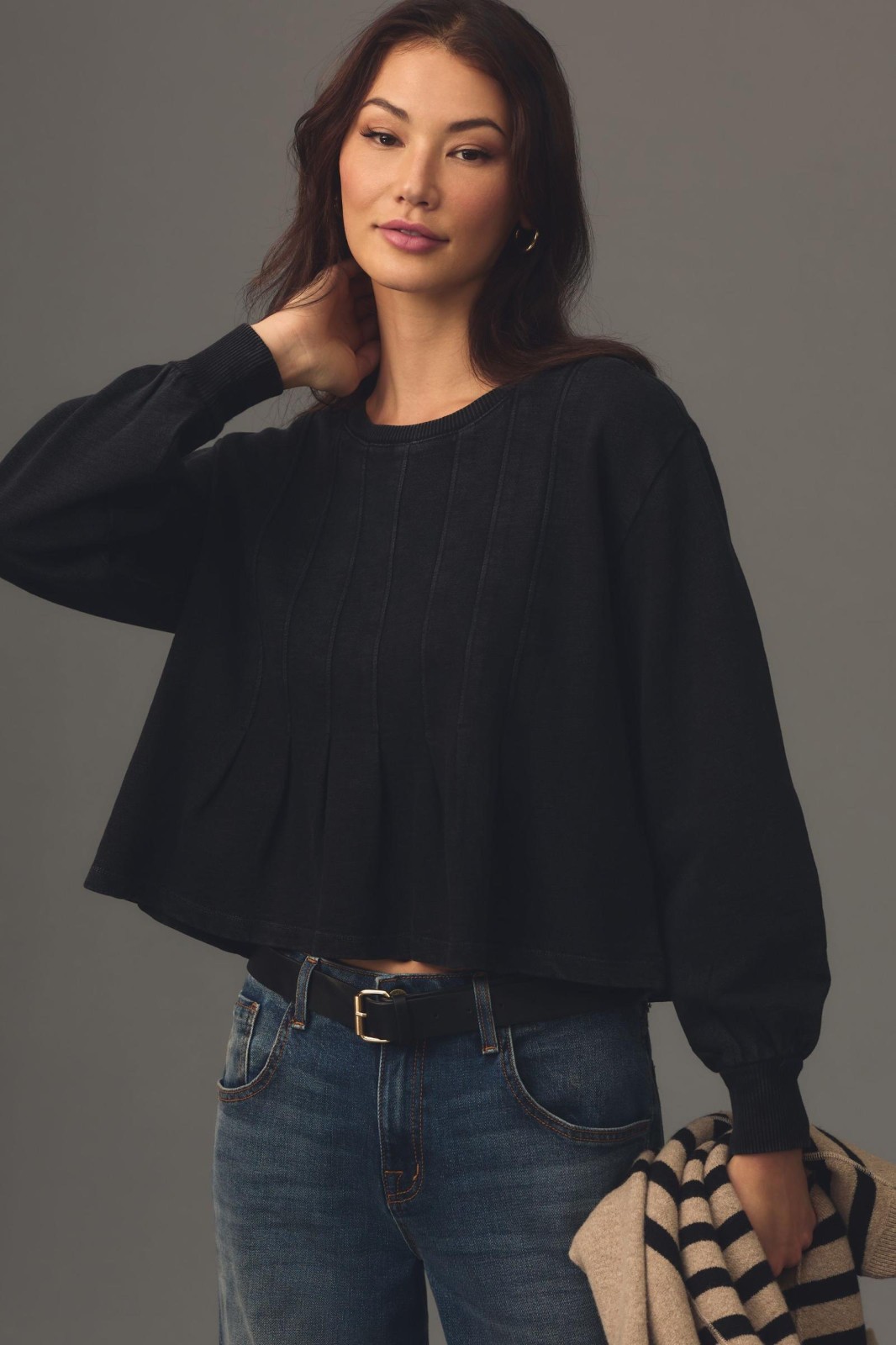 Pilcro Box-Pleated Sweatshirt Anthropologie Black Long Sleeve Blouse Top S NEW