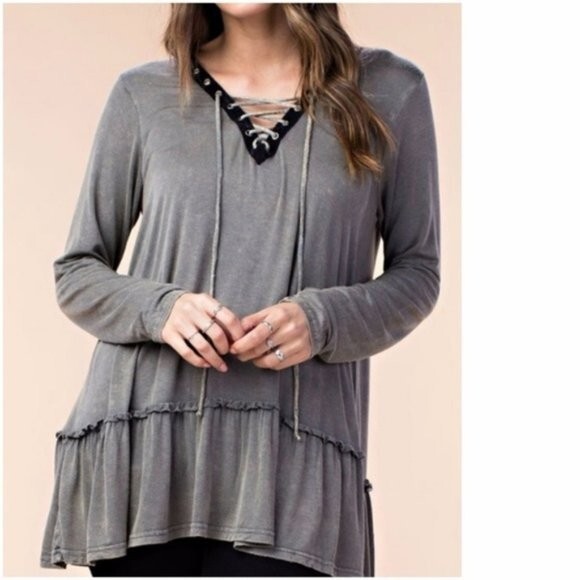 NEW Ruffle Hem Lace Up Neck Tunic Top Shirt Blouse Brown Gray Taupe Kori Small S