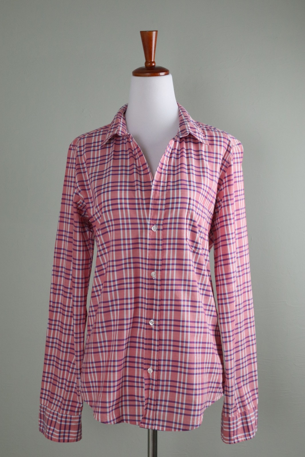 FRANK & EILEEN $228 Pink White Blue Plaid Button Up Shirt Top Size Medium