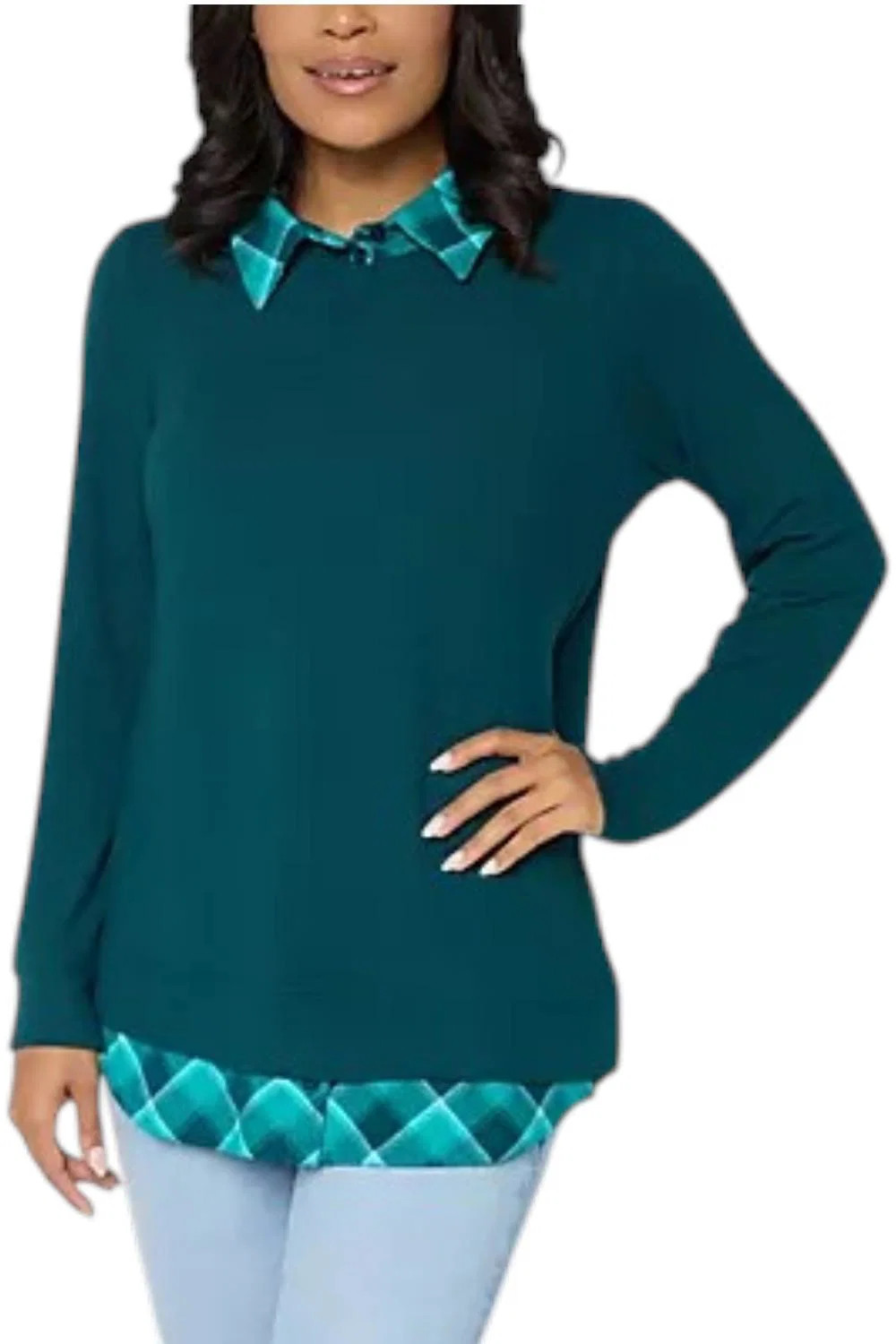 Denim & Co. Women’s Heavenly Jersey Solid/Plaid Long Sleeve Top Green