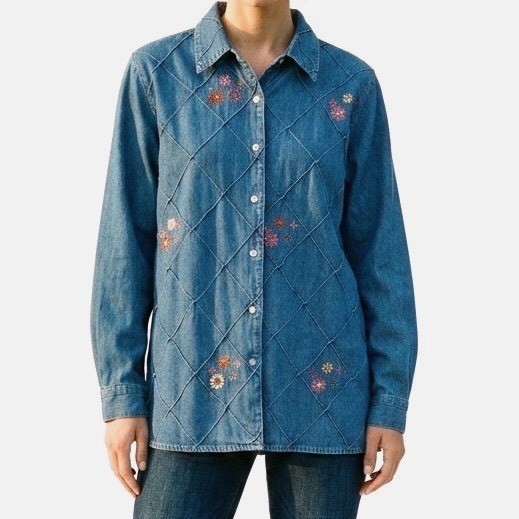 Denim Floral Embroidered 100% Cotton Quilted Diamond Pintuck Shirt Blue Large