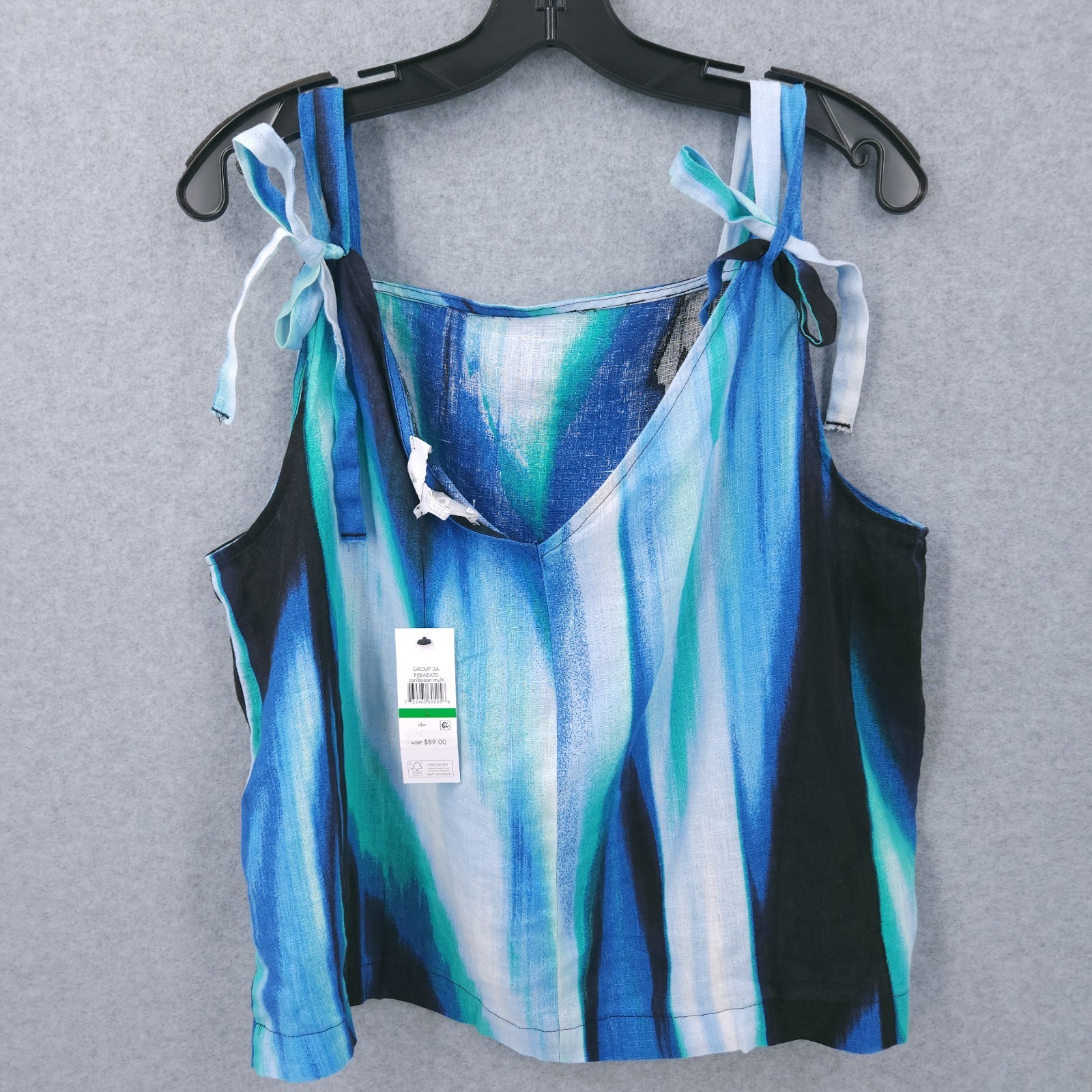 DKNY Printed Tie Strap Linen Caribbean Multi Tank Top Womens Size L NWT