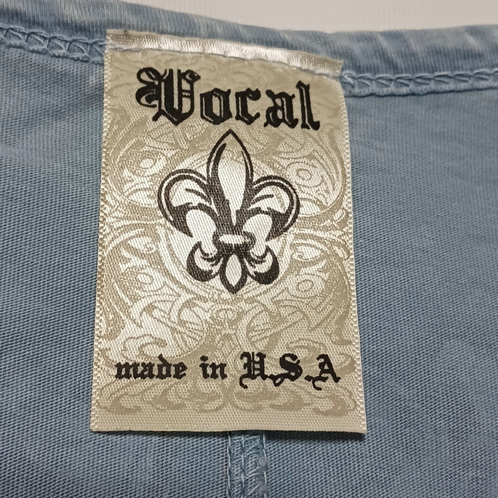 Vocal womens Y2K Wings Fleur De Lis tunic top beaded sparkly 2XL baby blue USA