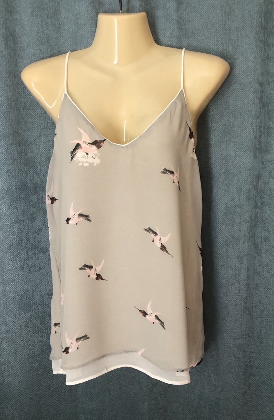 Zara Basic Chiffon Layered Tank Top Sz Small Gray Hummingbird Bird Print