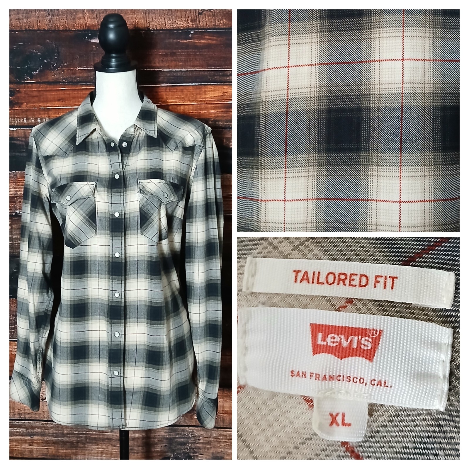 Levis Top Size XL Womens Western Flannel Plaid Snap Front Shirt Tailored Fit