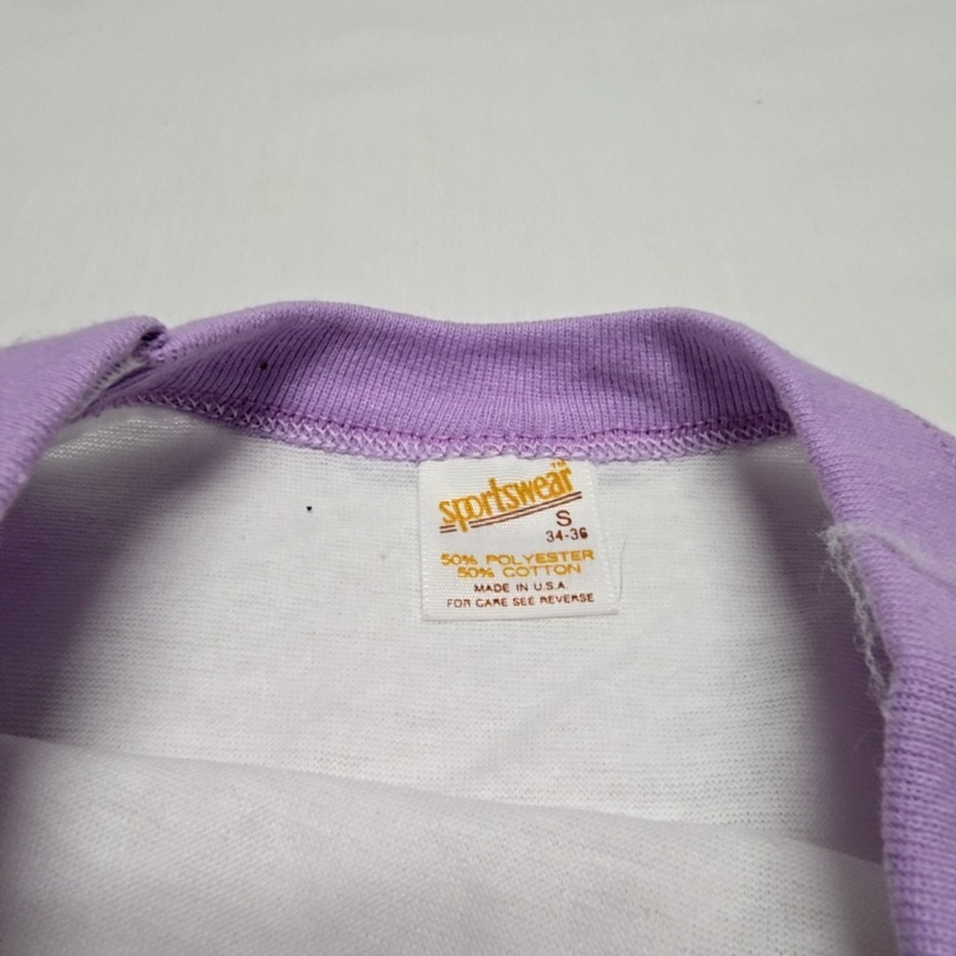 Vintage Raglan Cropped Shirt Purple White Made in USA 80s Womens Small Tee VTG
