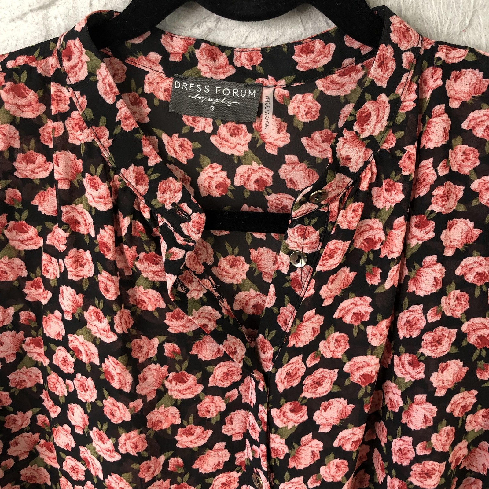 Feminine top Womens S Black Rose Dark Floral Button Front Sheer Ruffle Cottage