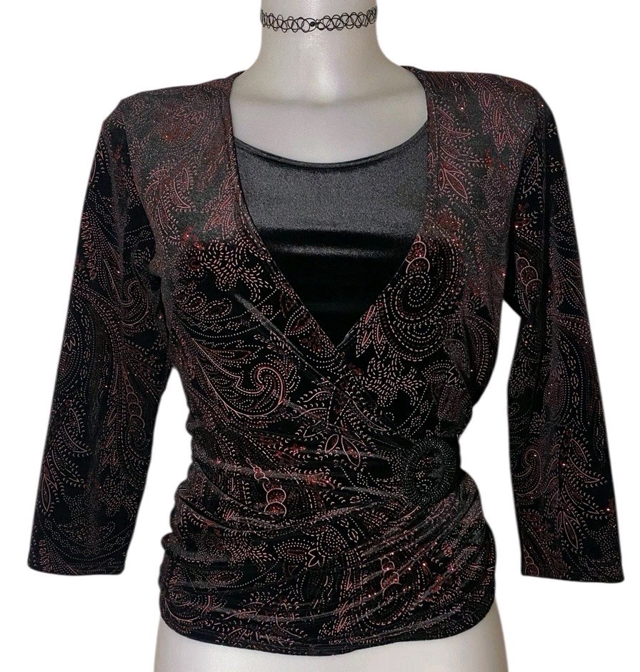 Vtg 90s Womens Black Velvet Glitter Stretch Witchy Whimsigoth Vampy Wrap Top M