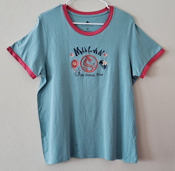 Women’s Disney Princess Mulan Embroidered Ringer T-Shirt XL Teal Pink Boxlunch