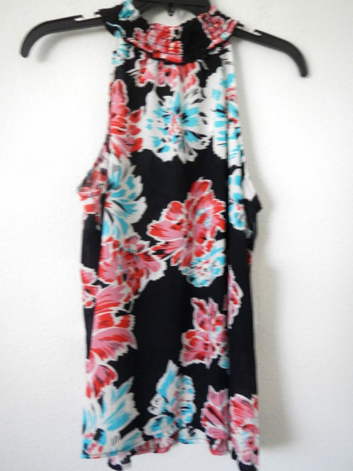 LILY WHITE L NWT Black/Multi Tropical Floral Print Smocked Neck Blouse