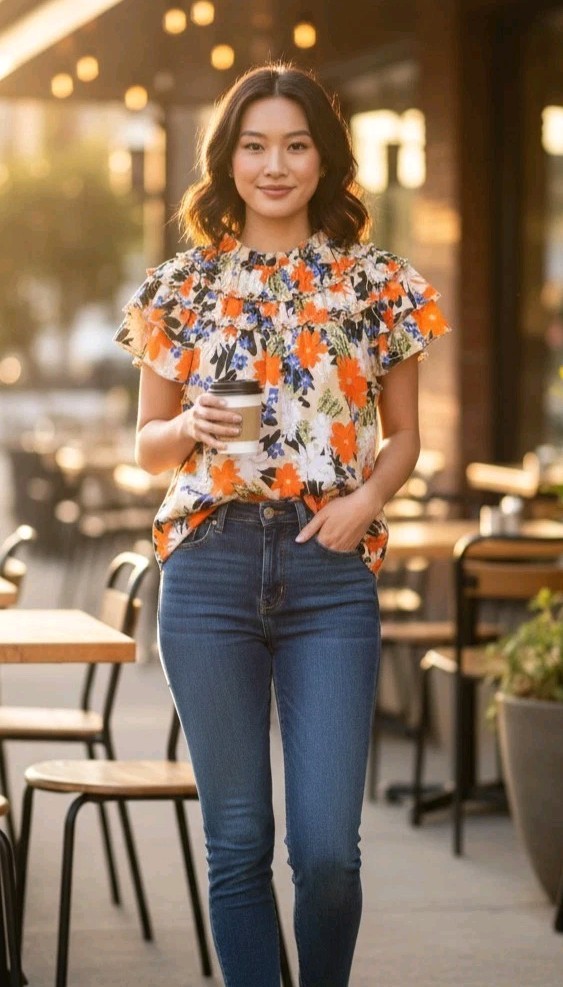 BIBI Floral Ruffle Flutter Sleeve Blouse Women Small Tan Orange Excellent Boho