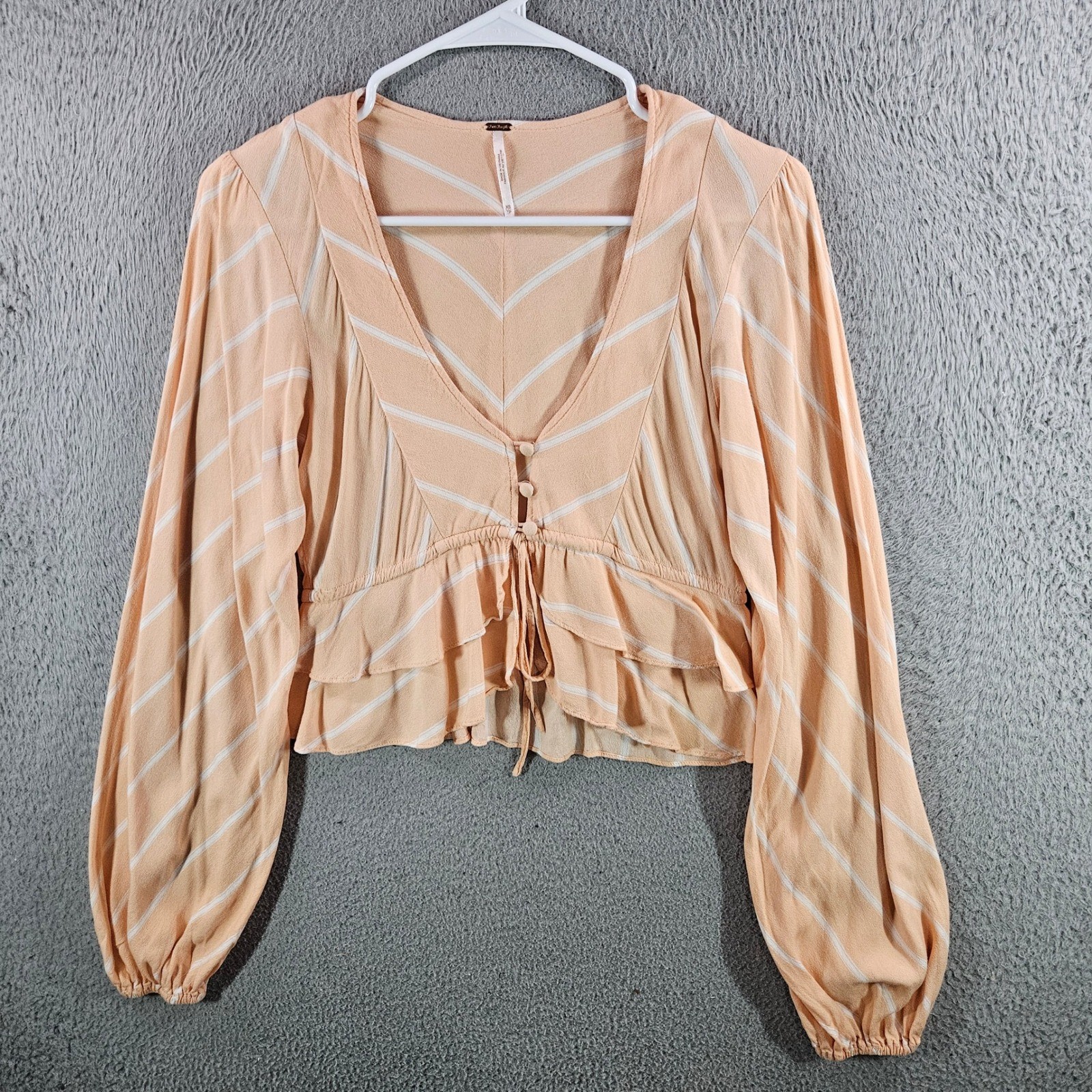 Free People Peach Striped V-Neck Ruffle Crop Blouse Long Sleeve XS
