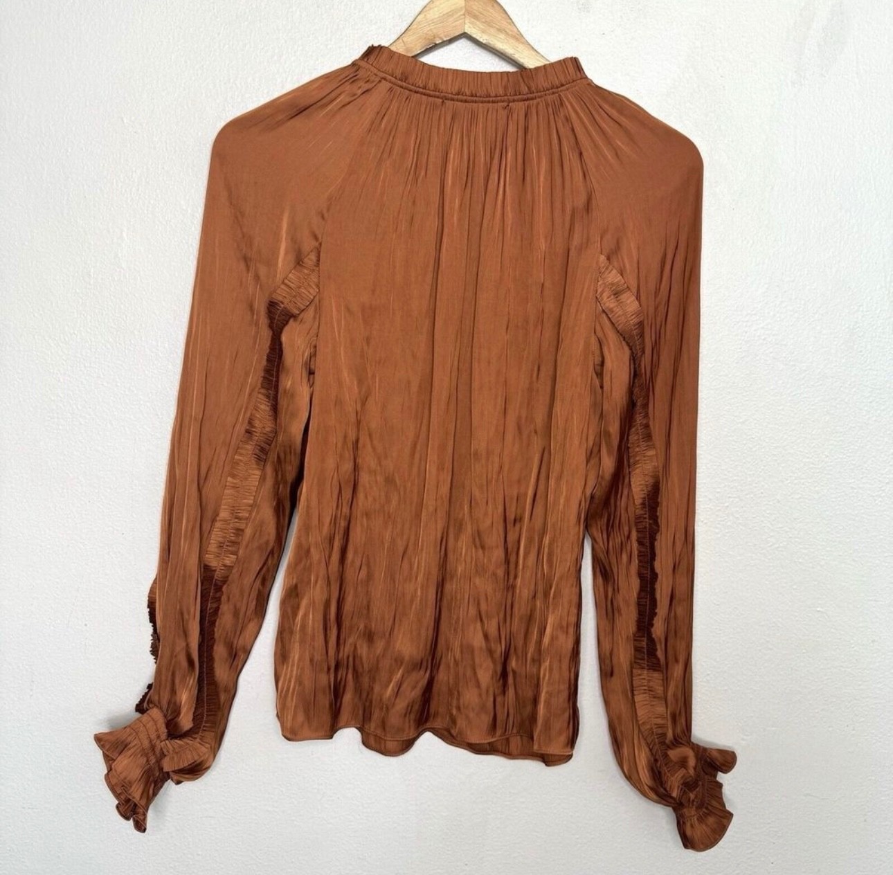 Hale Bob Remington Pleated Top In Rust Women’s Medium Blouse Tassels Boho Satin