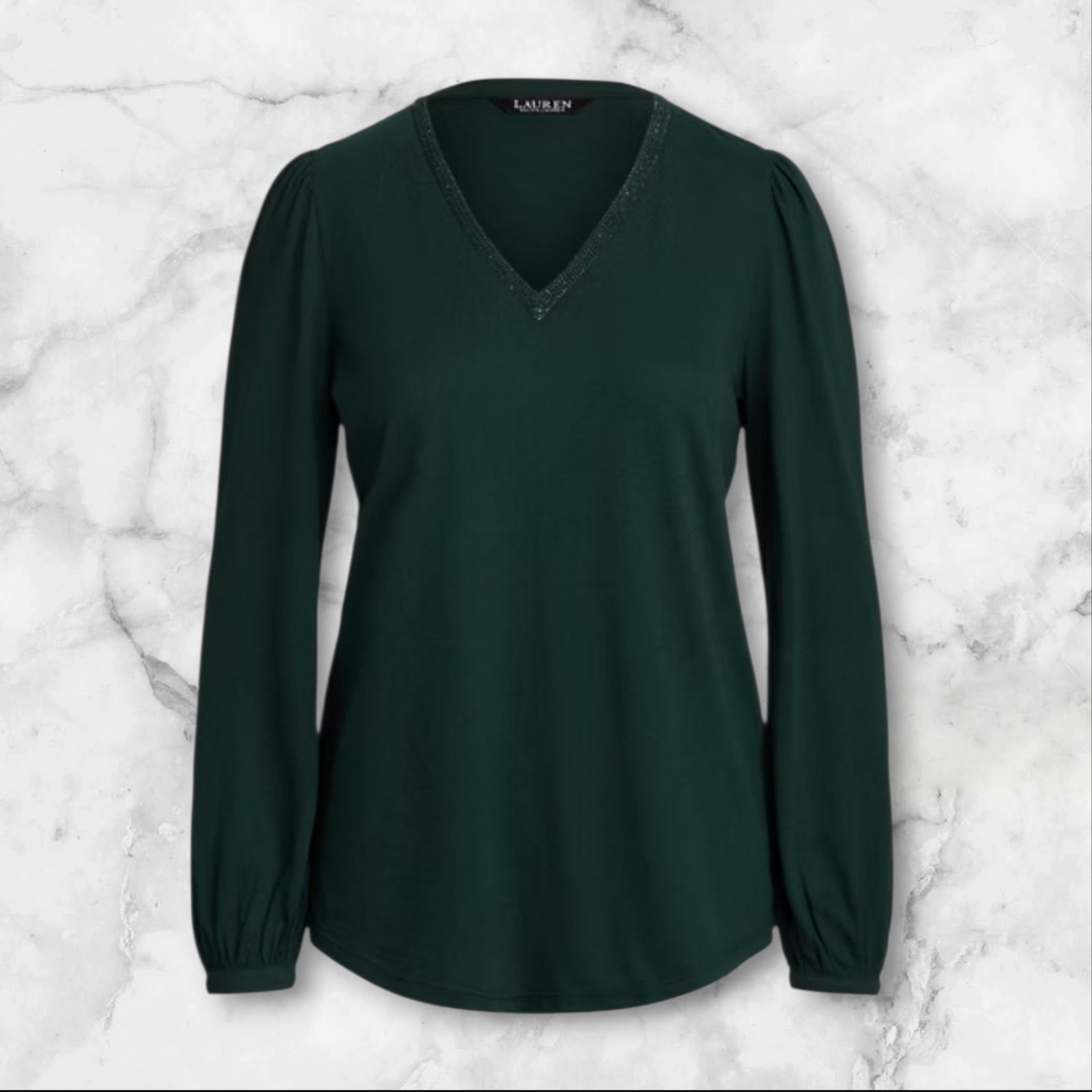 Lauren Ralph Lauren Black Label Women’s XL Beaded V-Neck Blouse Deep Pine Green