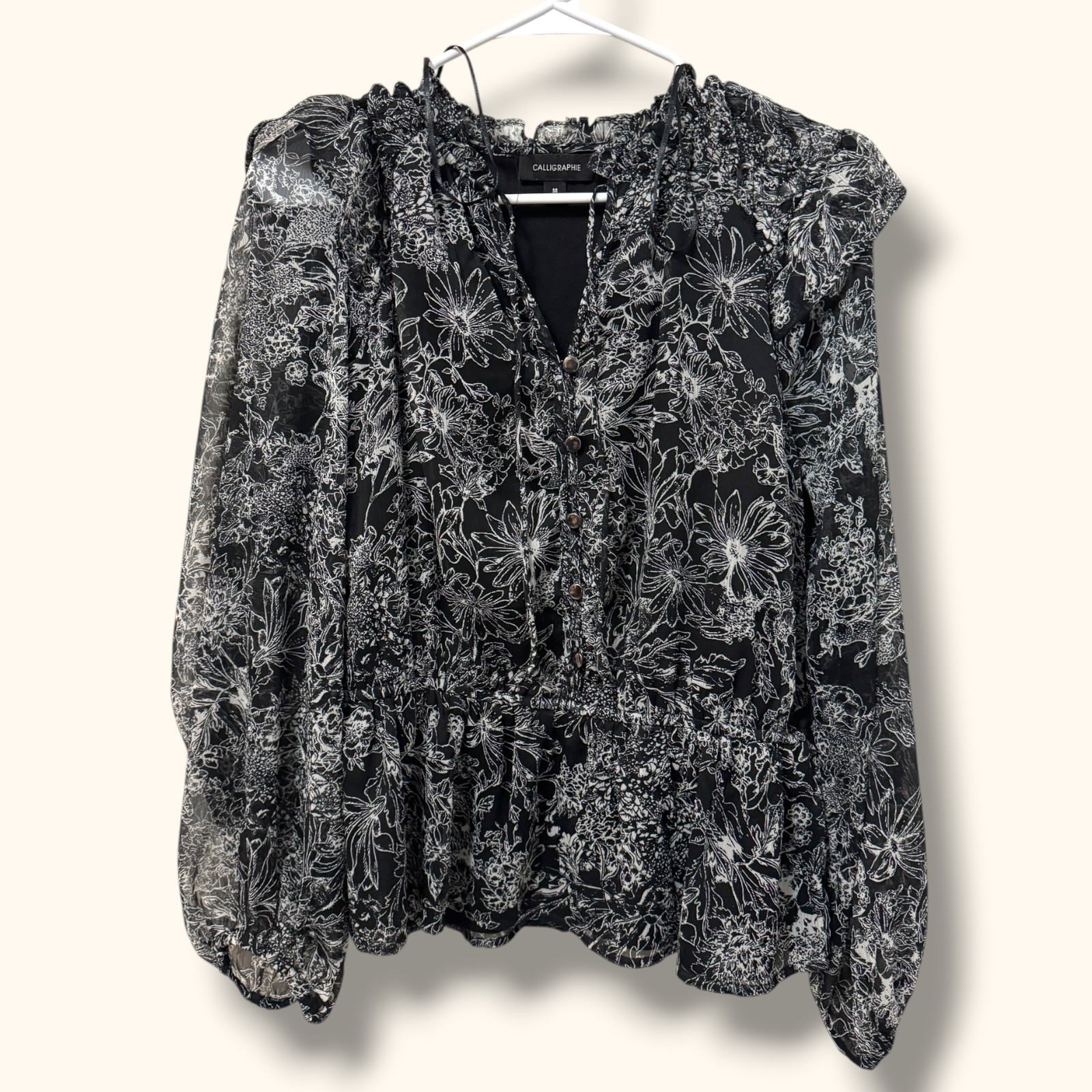 Calligraphie Blouse Womens M Black Floral Ruffle Peplum Long Sleeve Button