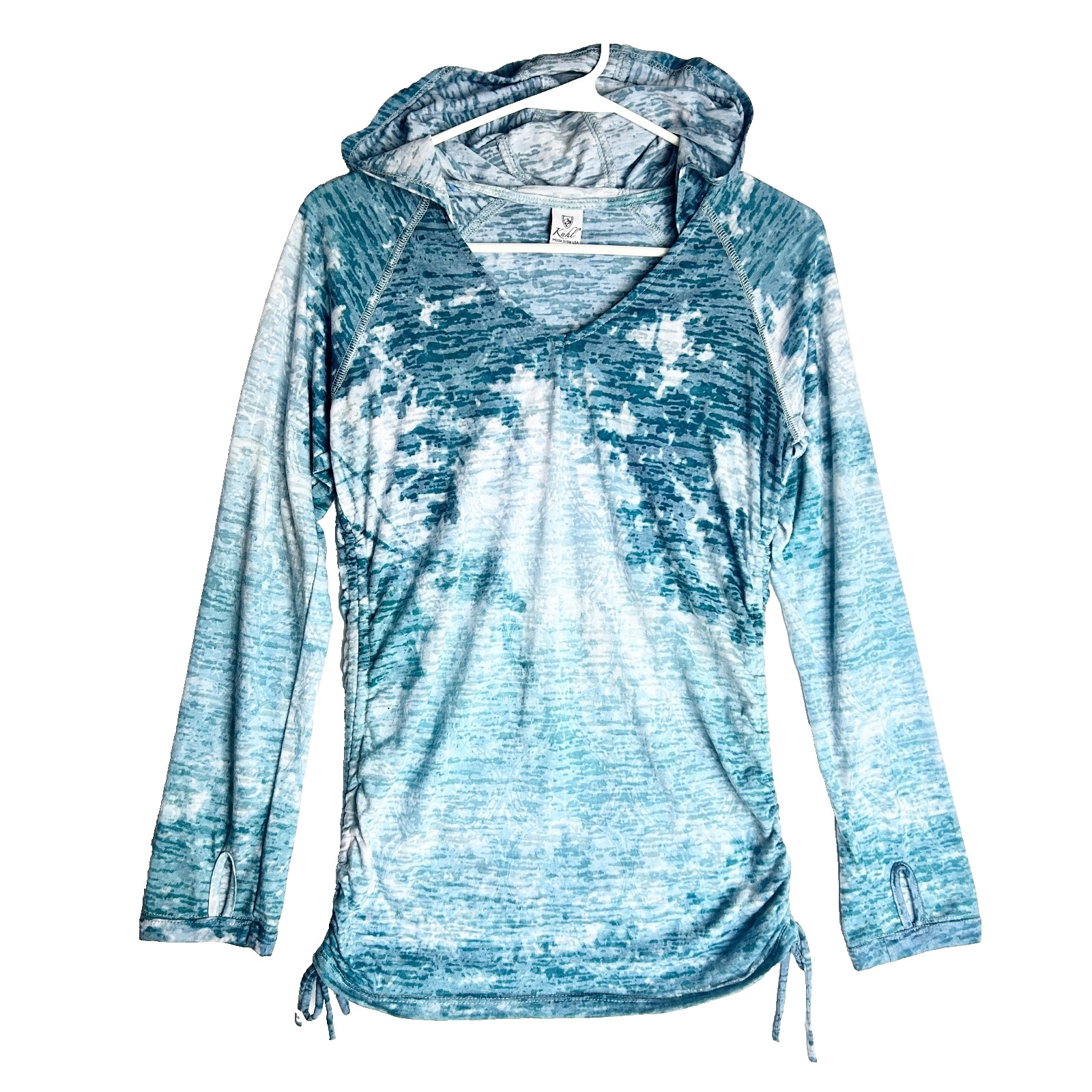 Kuhl Destini Burnout Ruched Hoodie Thumb Holes Pullover Lightweight Aqua Women S