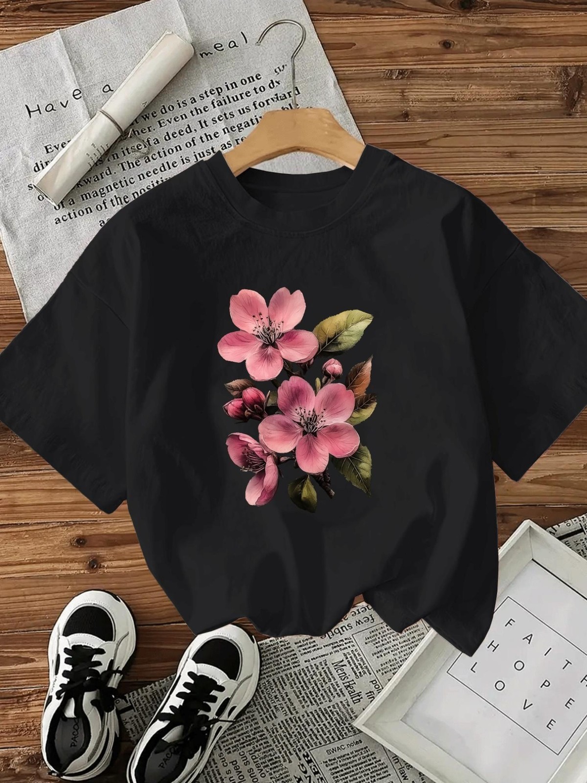 Women’s Floral Print Short Sleeve Round Neck T-Shirt Casual Wear Blouse Summer♪