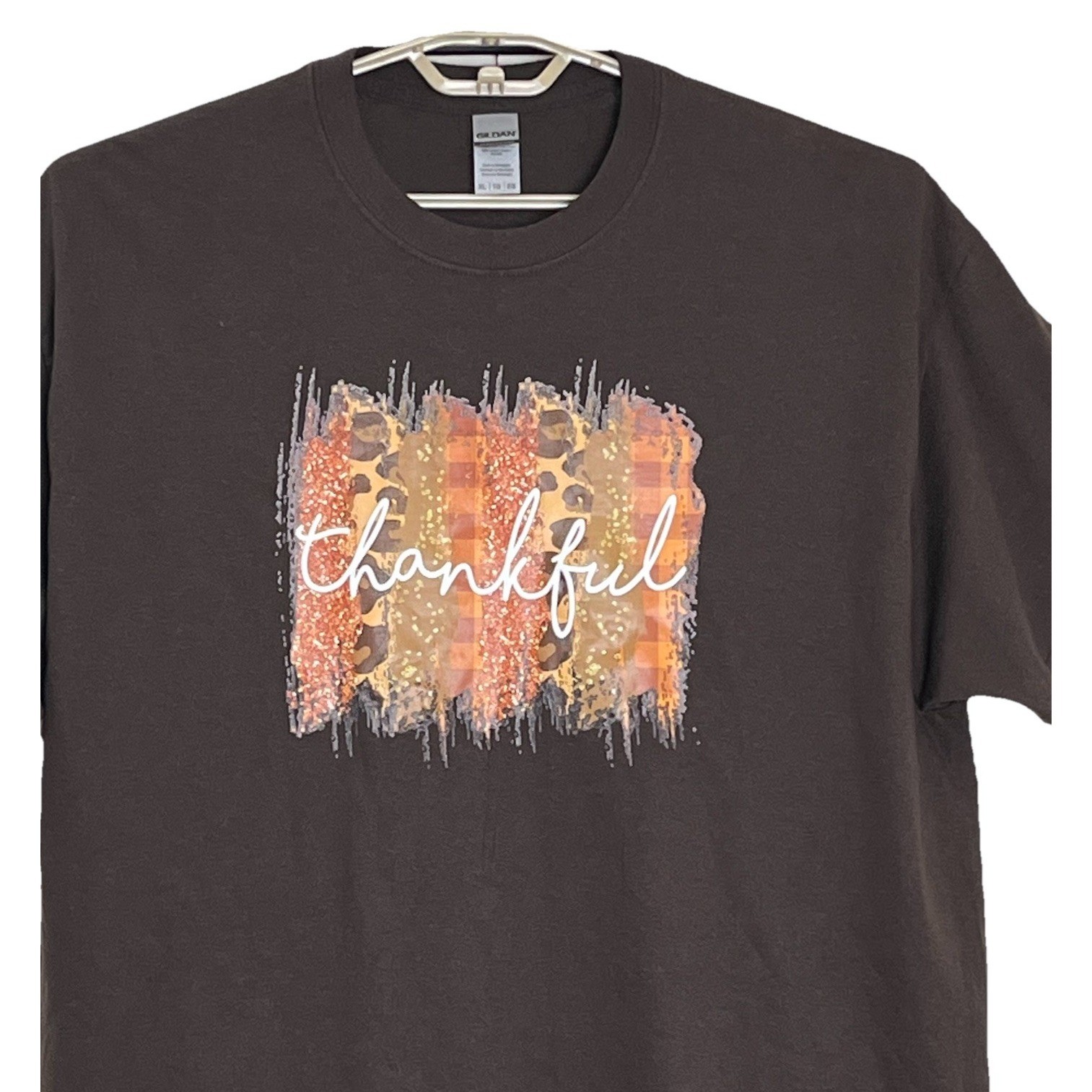 Gildan Unisex T-shirt XL Brown Thankful Vinyl Print Thanksgiving Fall Colors