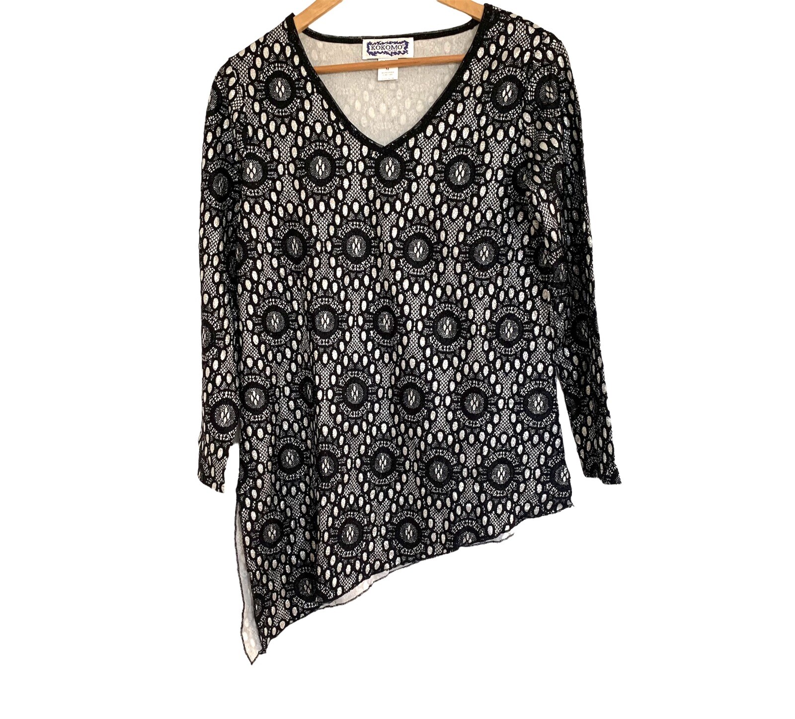 Kokomo Shirt Womens Medium Black Silver Pullover 3/4 Sleeve V Neck Blouse Top