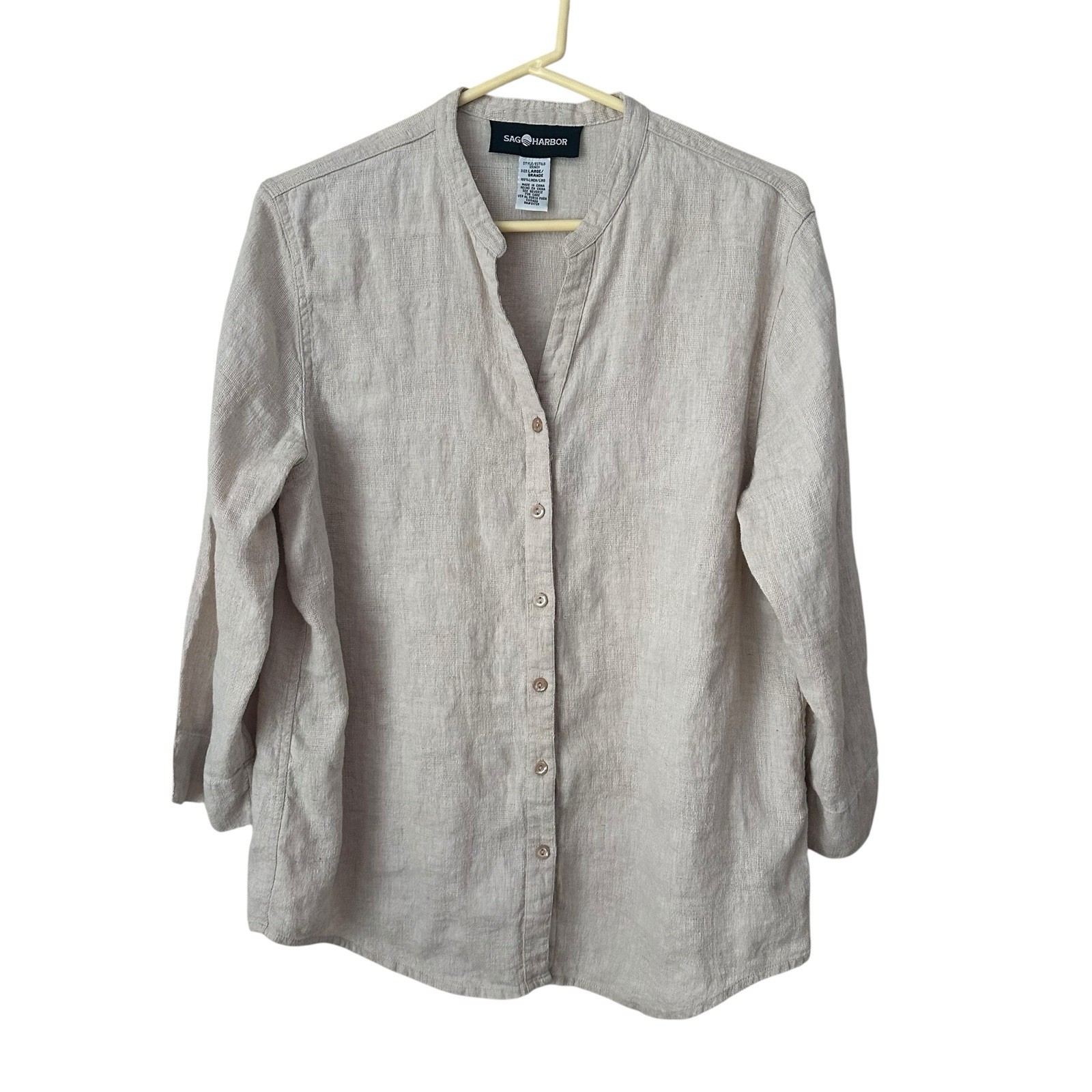 VTG Sag Harbor Linen Tunic Top Sz L Beige Natural Minimal Button Down Classic